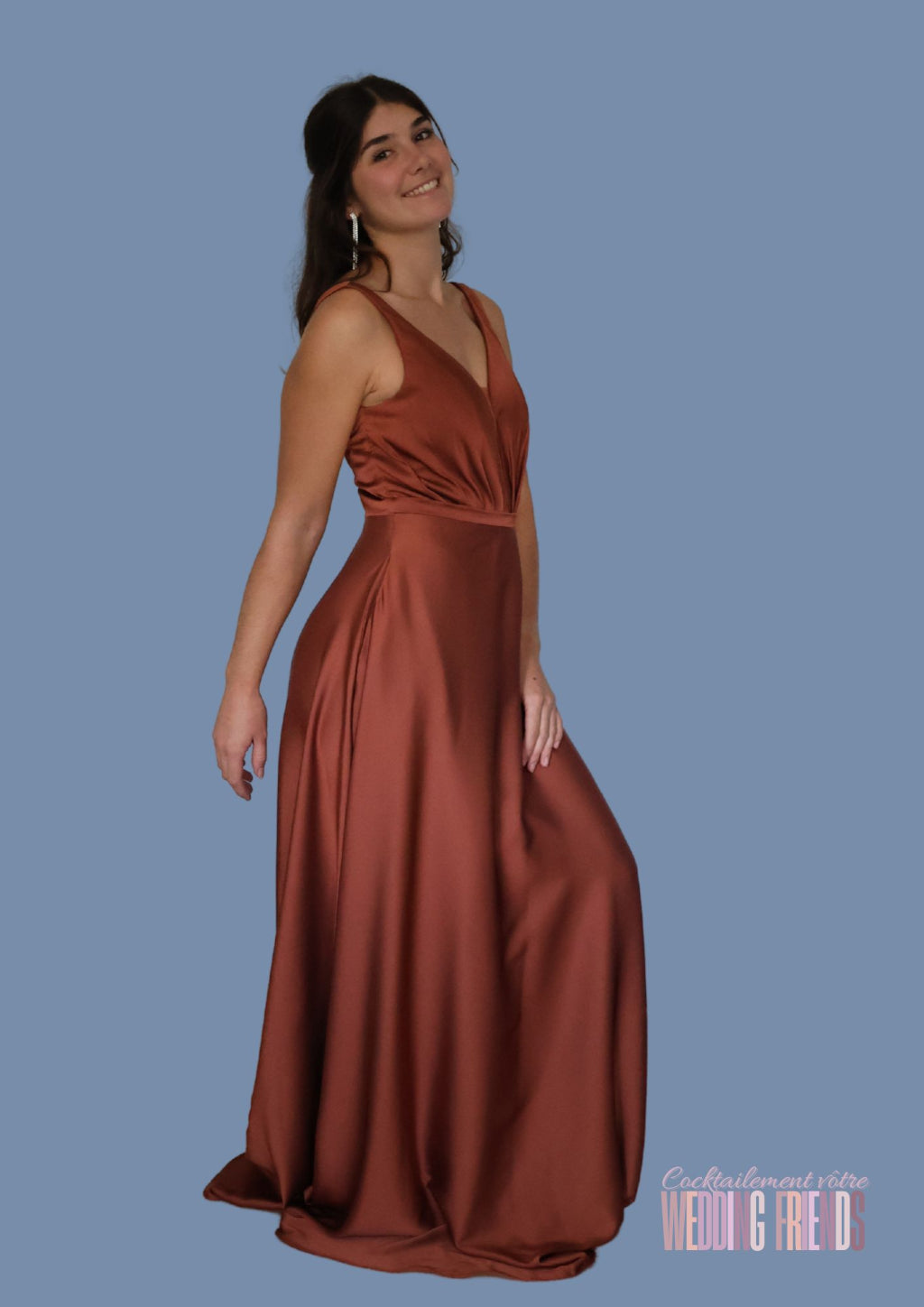 Robe de soirée de cocktail terracotta en satin