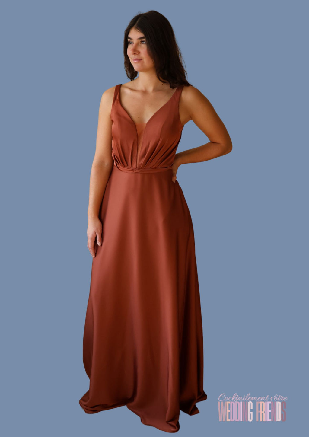 Robe de soirée de cocktail terracotta en satin