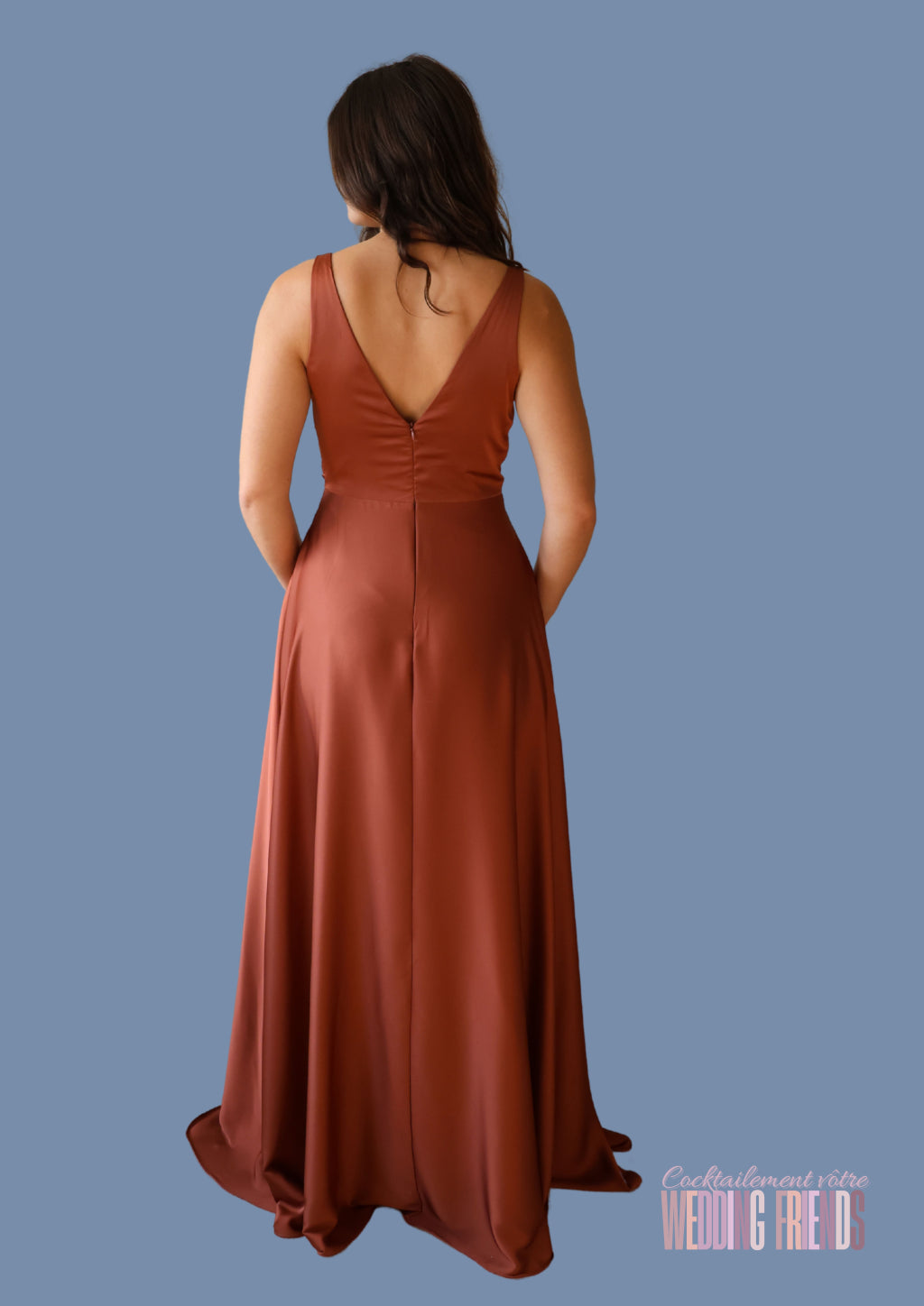 Robe de soirée de cocktail terracotta en satin